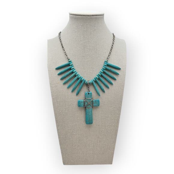 Turquoise Spike Bead & Cross Pendant Necklace – Southwestern Boho Chic Statement - Picture 5 of 9
